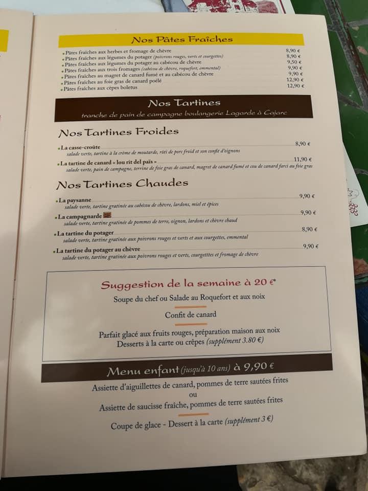 Menu at La Tonnelle restaurant, SaintCirqLapopie