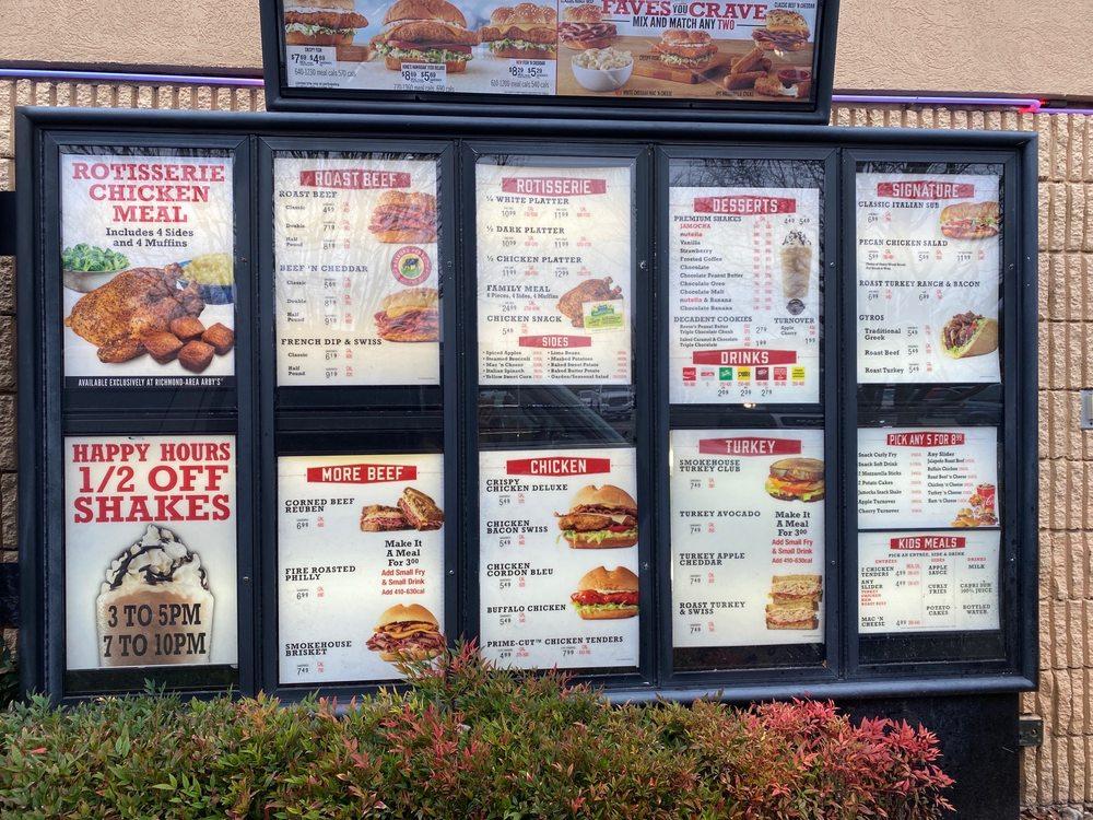 Menu at Arby's fast food, Richmond, Patterson Ave