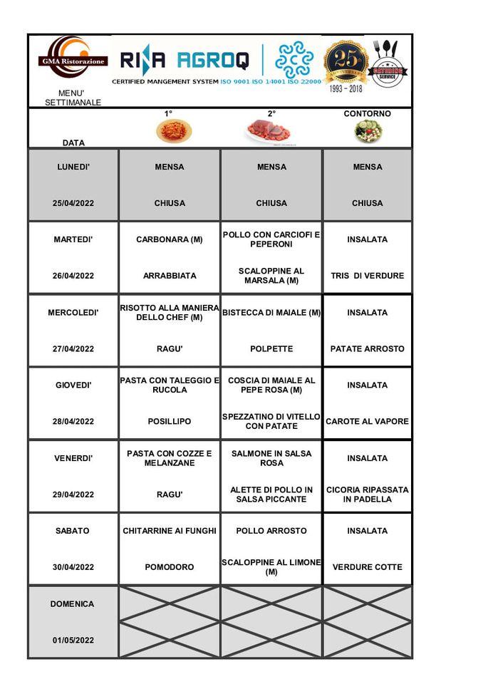 Menu di Ristorante Self GMA Ristorazione srl 