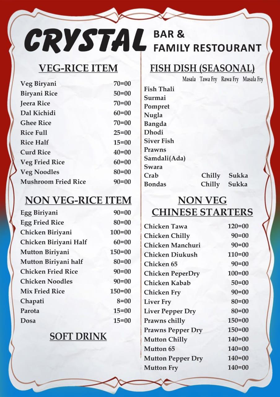 Menu at Crystal Bar and Restaurant, Kumta