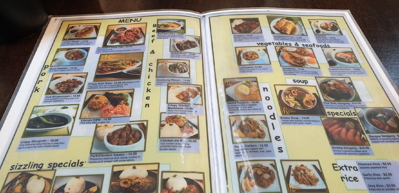 Menu at Gold Ribbon restaurant, Auckland