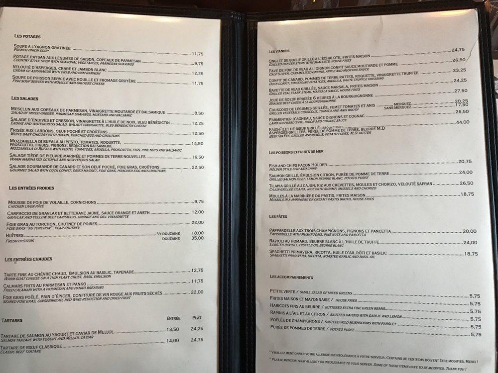 Menu at Holder pub & bar, Montréal