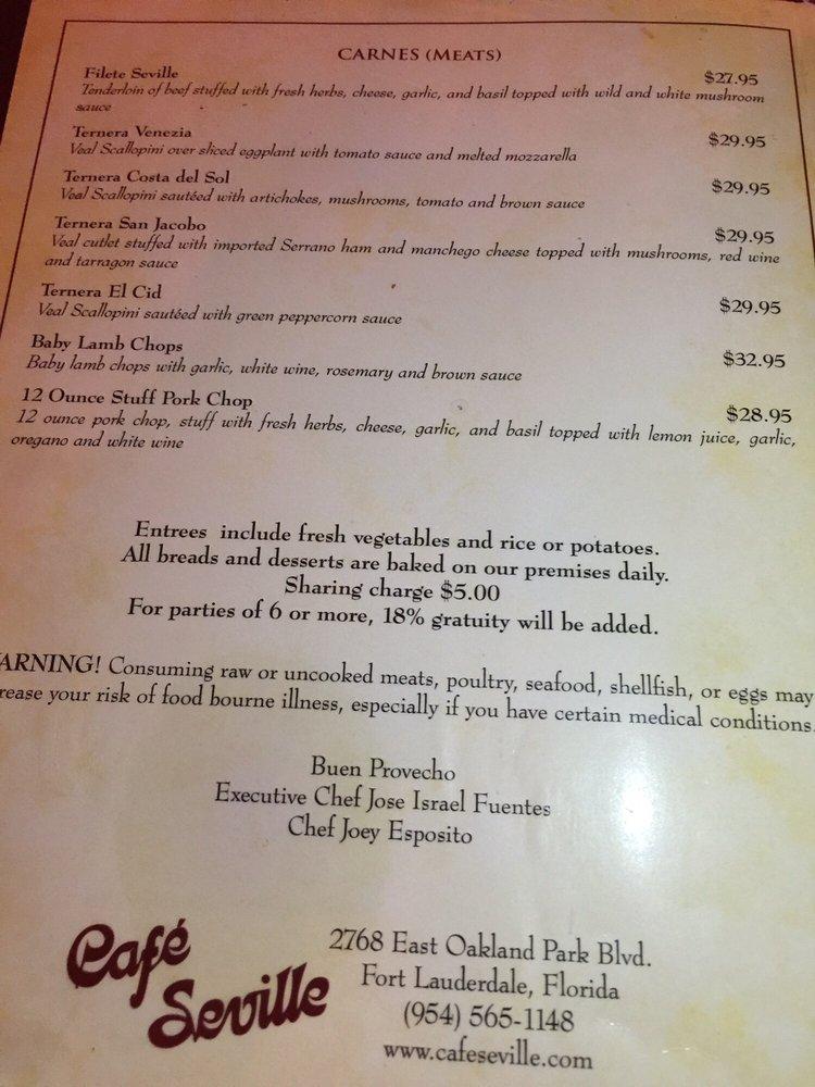 Menu at Cafe Seville, Fort Lauderdale