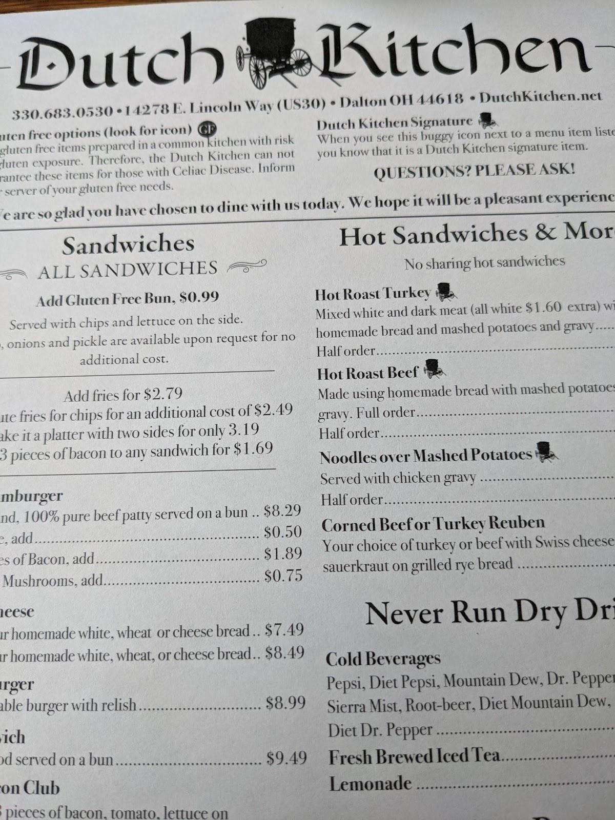 Menu at Dutch Kitchen restaurant, Dalton, Lincoln Way E