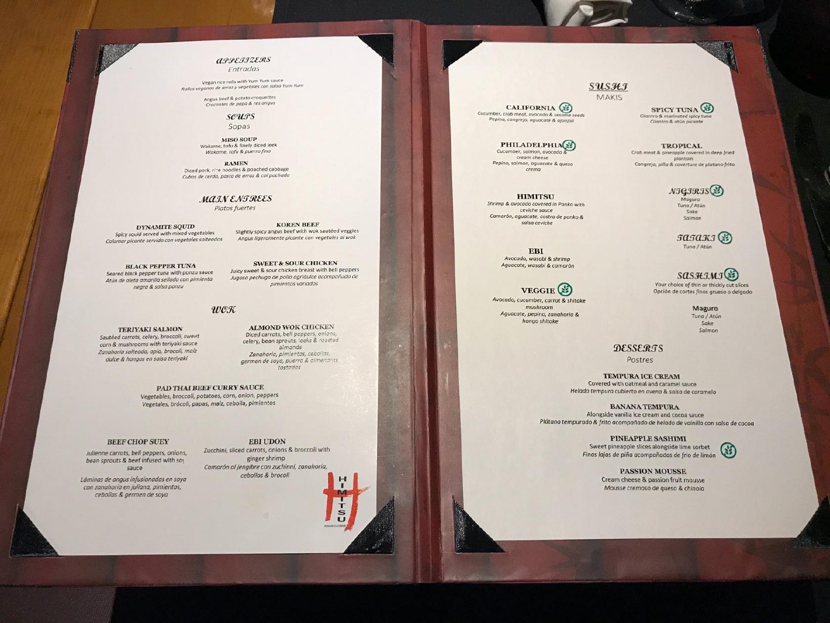 Menu at Himitsu restaurant, Punta Cana, Playa Juanillo