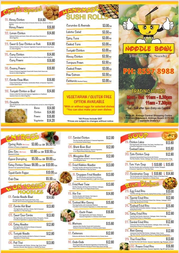 Menu at Noodle Bowl restaurant, Aldinga Beach, Shop 40/1 Pridham Blvd