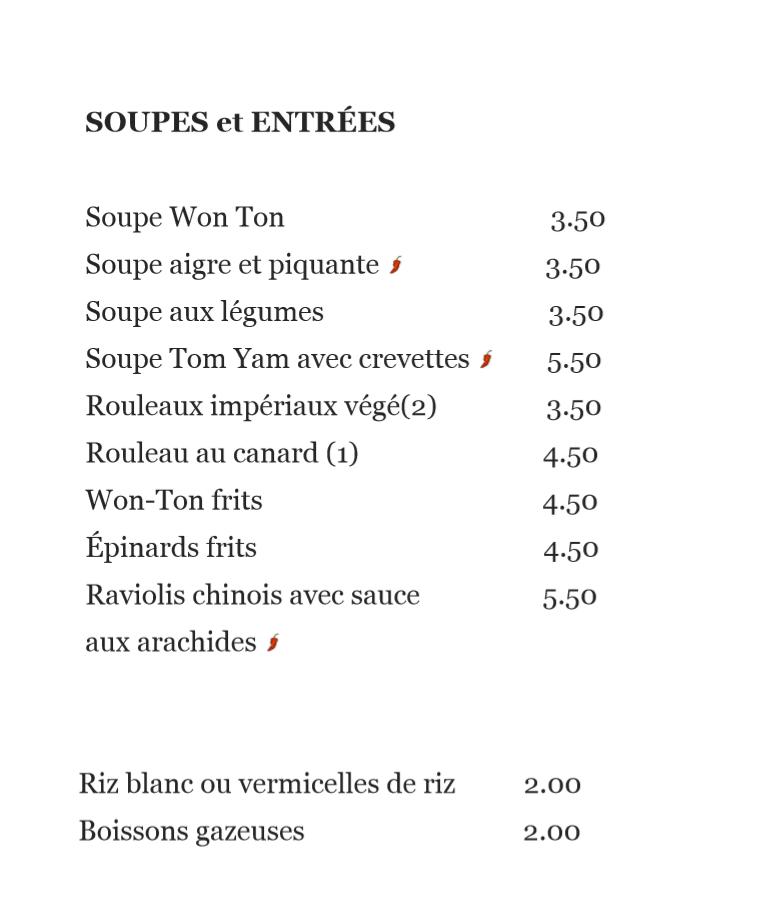 Menu au Le Caract re Chinois restaurant Montr al