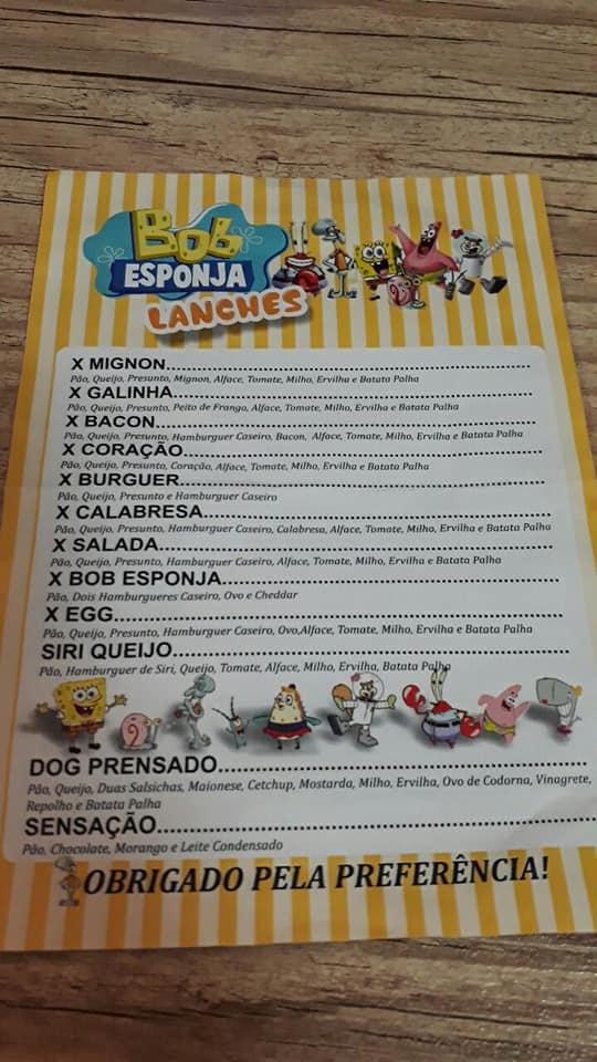 Bob Esponja Lanches cardápio