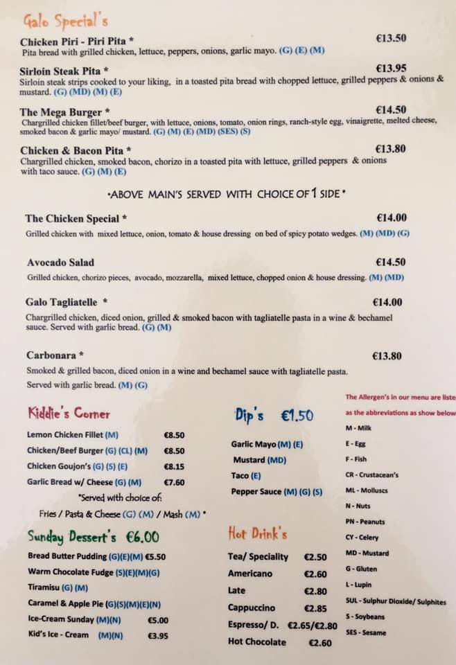 Menu at Casa d'Galo Chargrill restaurant, Enniscorthy