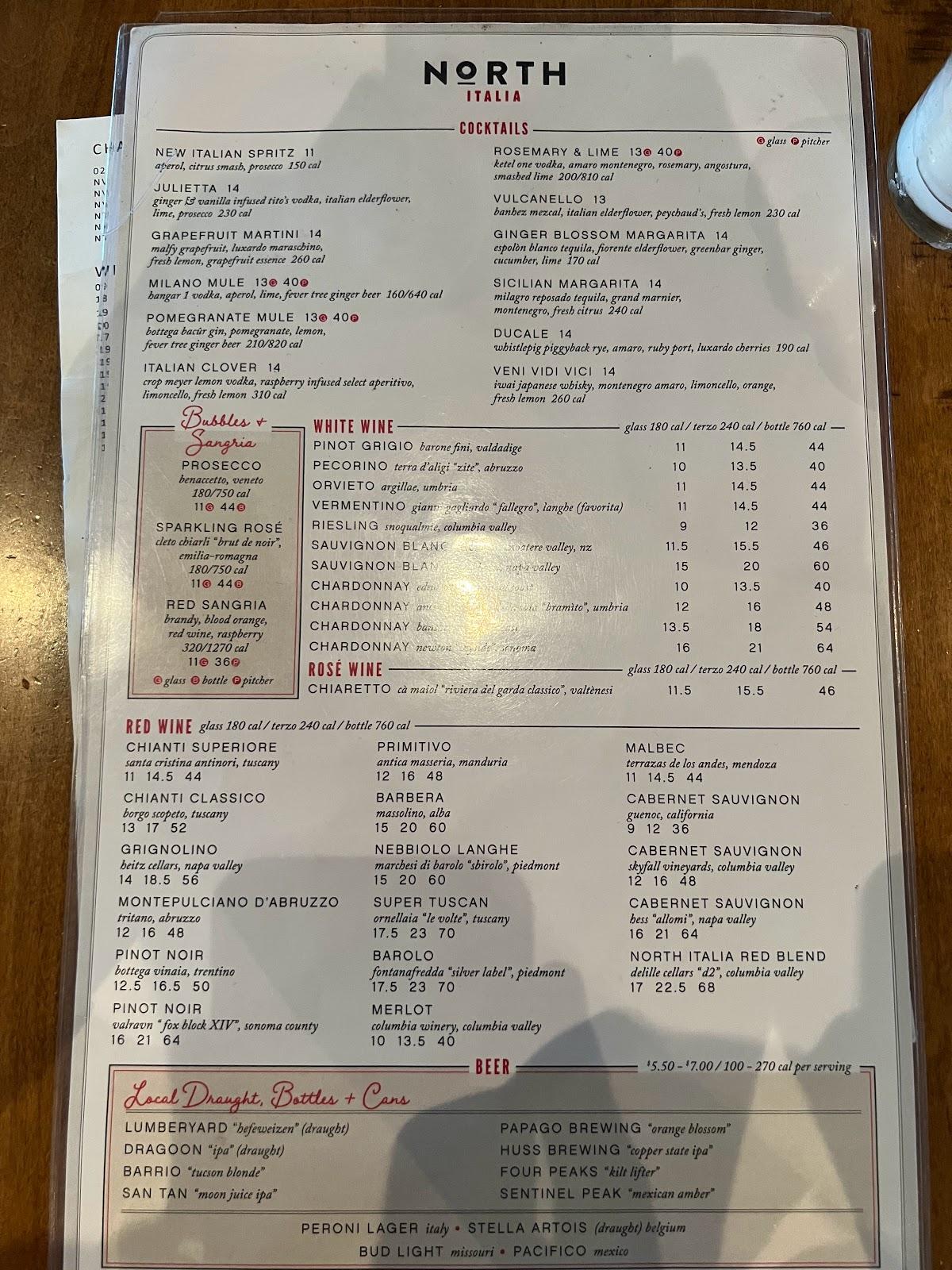 Menu at North Italia pub & bar, Tucson