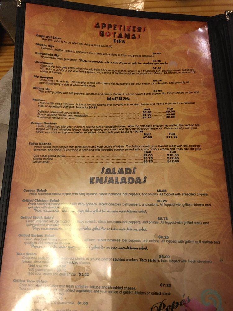 Menu at Pepe’s Bosque Mexican Grill restaurant, D'Iberville