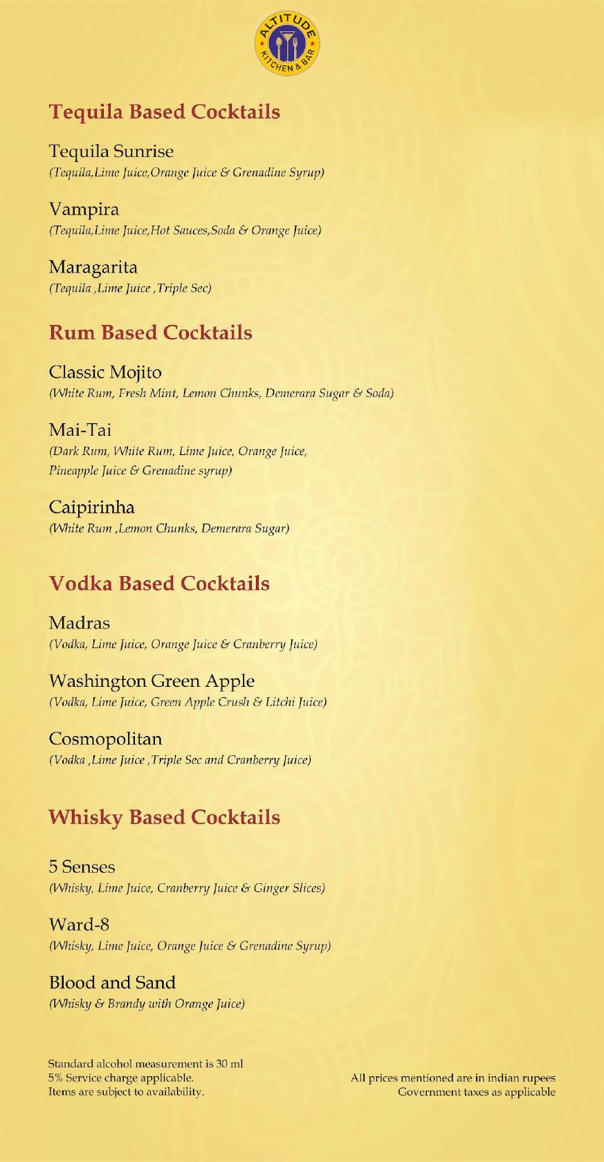 Menu at Cloud 9 Lounge Bar, Yercaud, Grand Palace Hotel & Spa Kamaraj Road