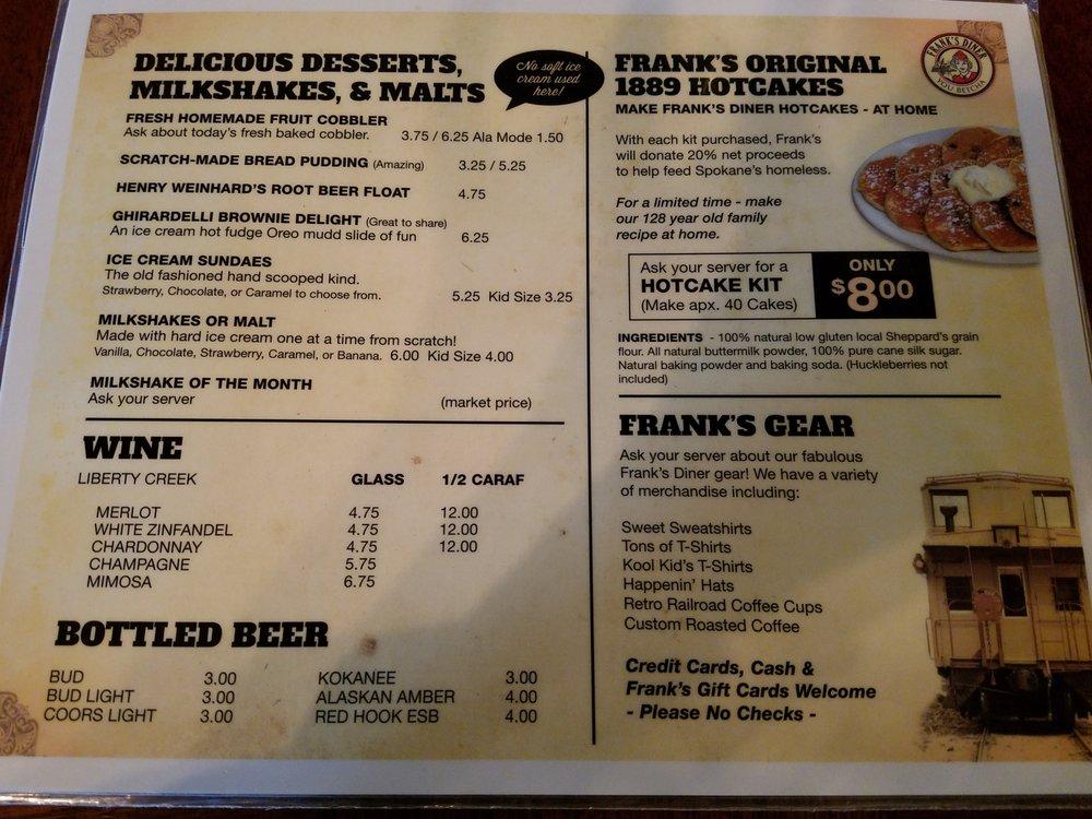 Menu at Frank's Diner - North Spokane restaurant, Spokane, N Newport Hwy