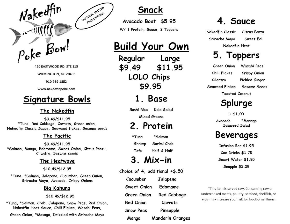 Menu at Nakedfin Poke Bowl pub & bar, Wilmington, Military Cutoff Rd
