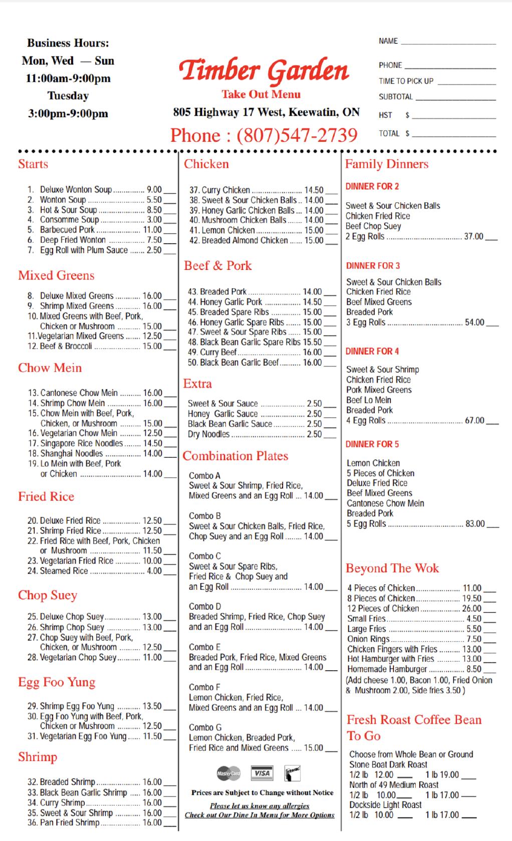 Menu at Timber Garden Chinese food restaurant, Kenora