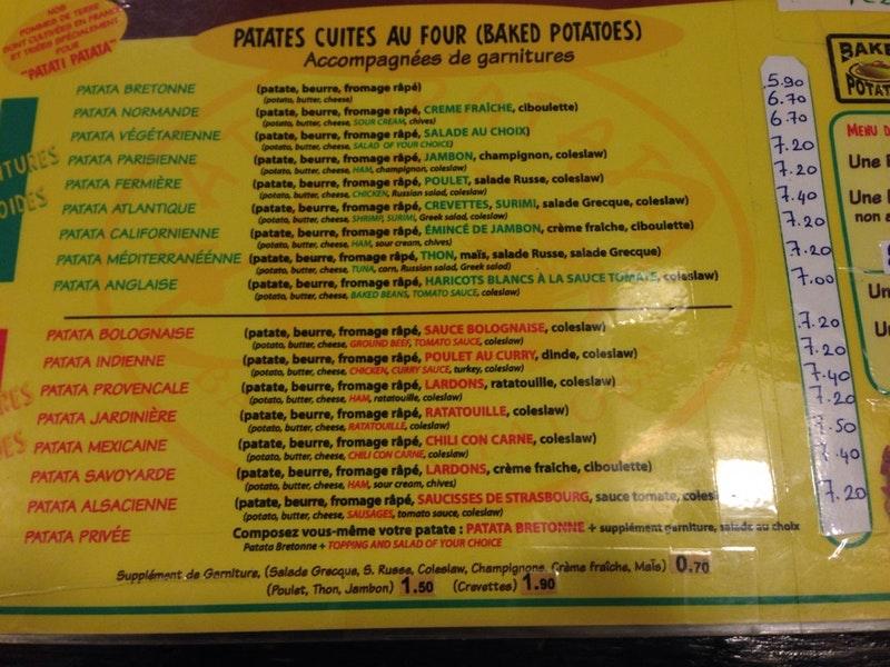 Menu au Patati Patata Paris fast food, Paris, 51 Rue de Lappe