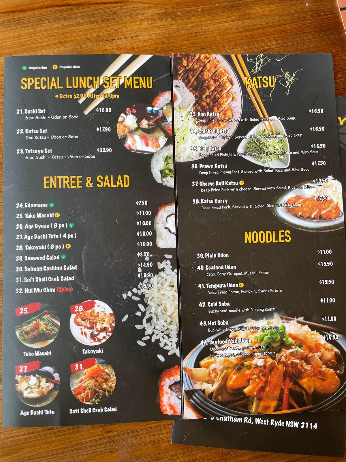 Menu at Tatsuya West Ryde restaurant, West Ryde