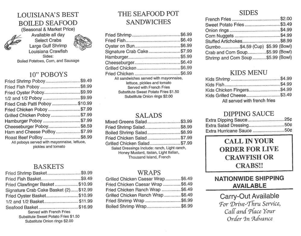Menu at The Seafood Pot Destrehan restaurant, New Sarpy