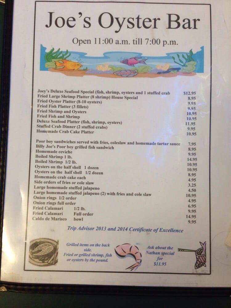 Menu at Joe's Oyster Bar, Port Isabel