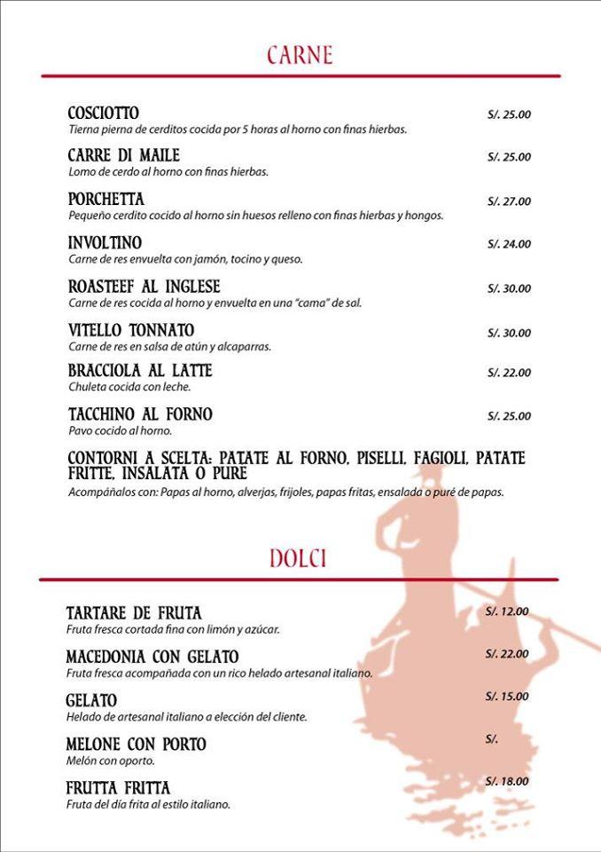 Menu at La Góndola restaurant, Lima