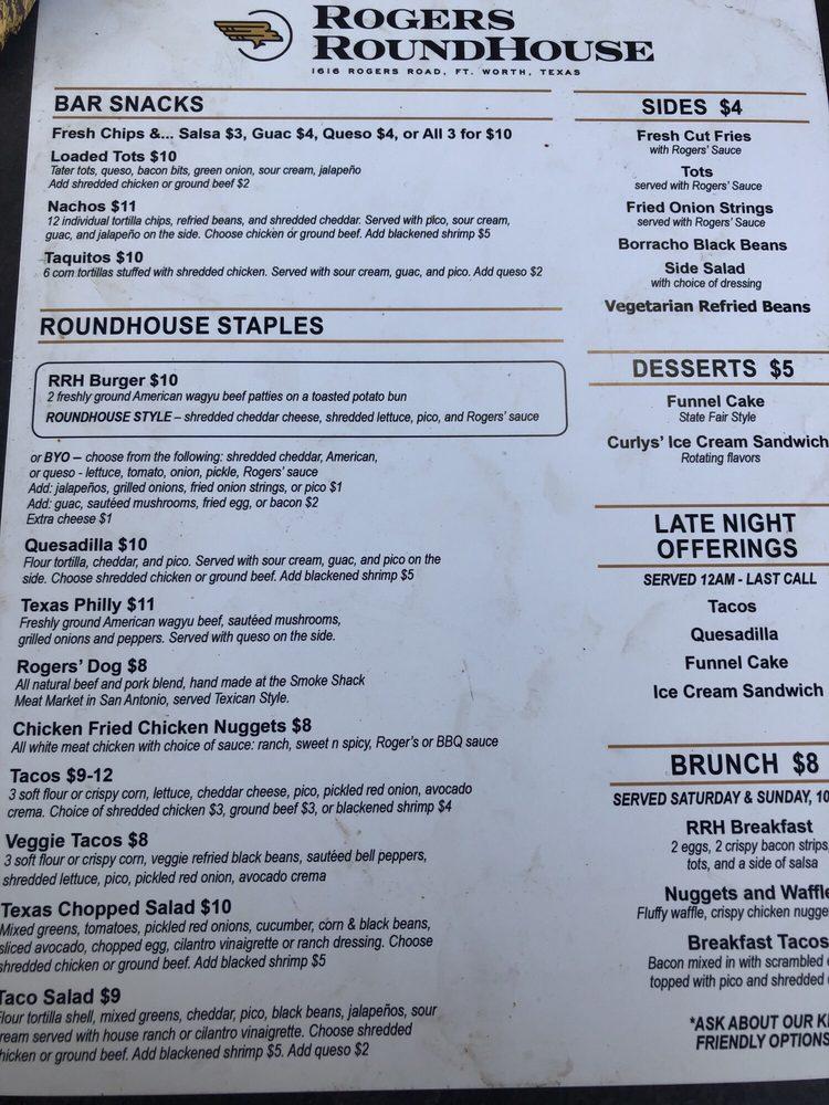 Menu at Rogers Roundhouse pub & bar, Fort Worth