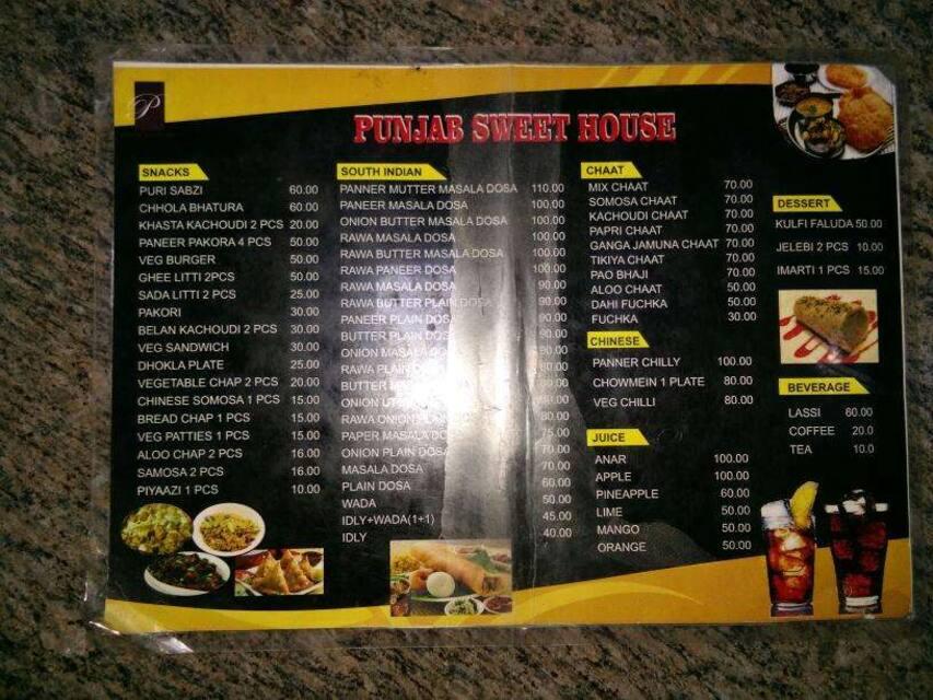 Menu at Punjab sweets, Ranchi