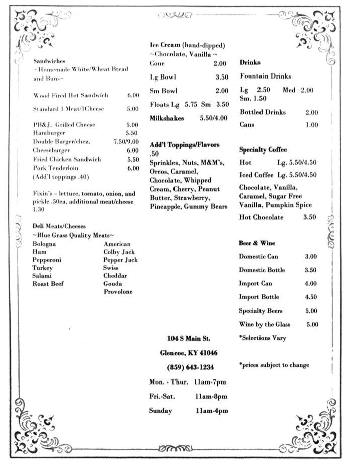Menu at Glencoe General Store pizzeria, Glencoe