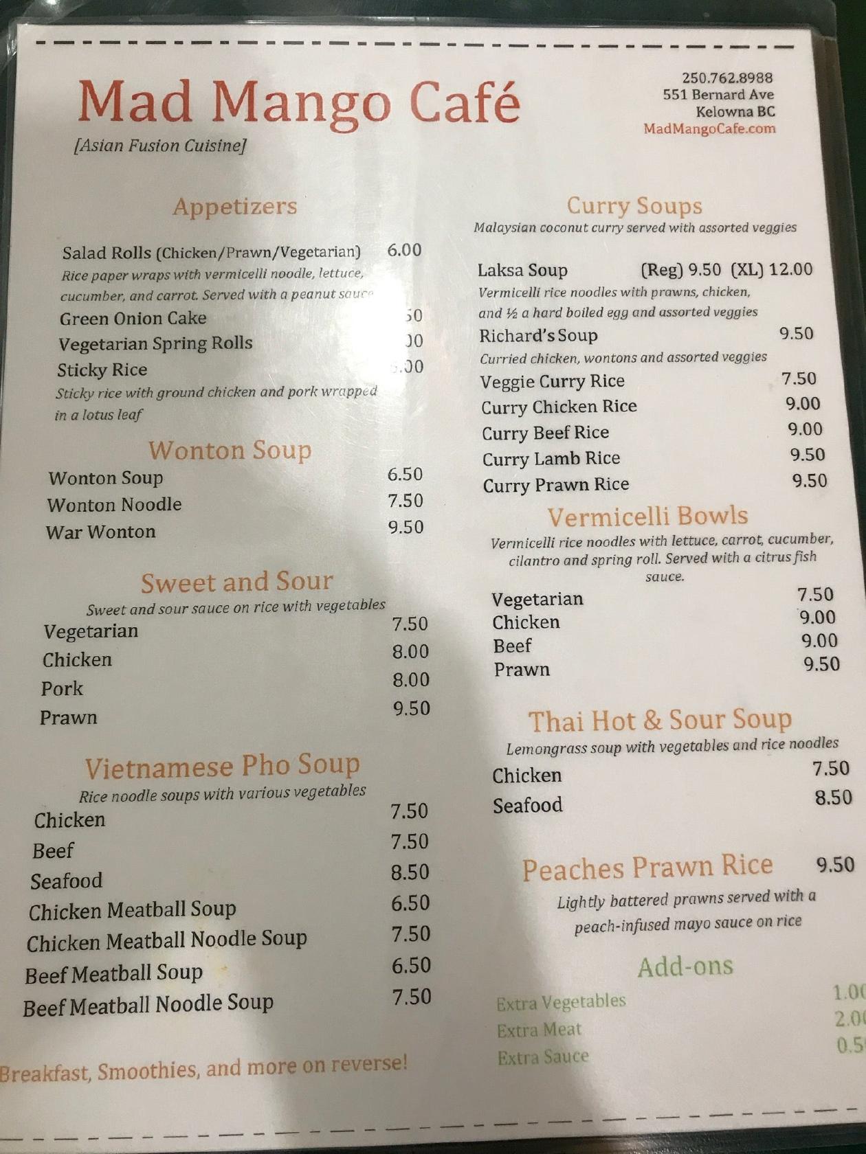 Menu at Mad Mango Cafe, Kelowna