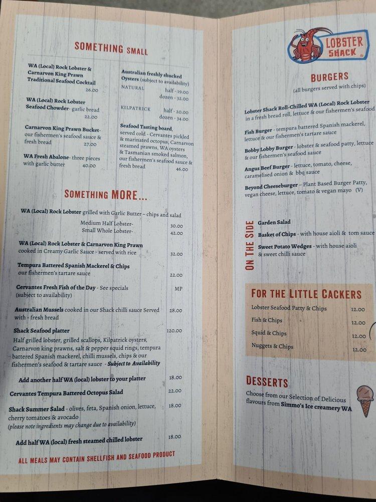 Menu at Lobster Shack Cervantes WA restaurant, Cervantes