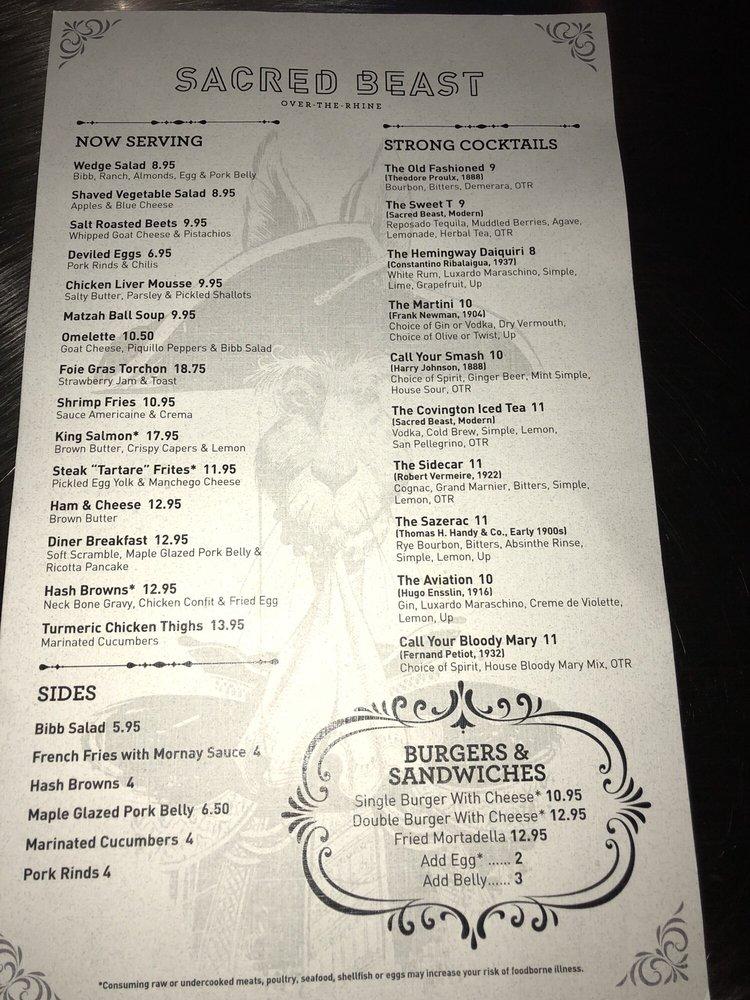 Menu at Sacred Beast Diner OTR pub & bar, Cincinnati