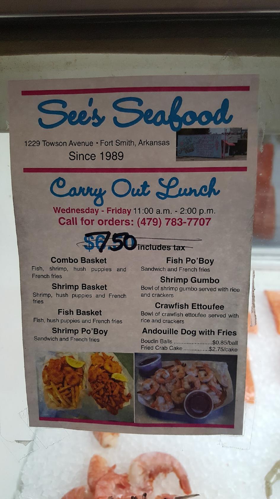 Menu at See's Seafood restaurant, Fort Smith, Towson Ave