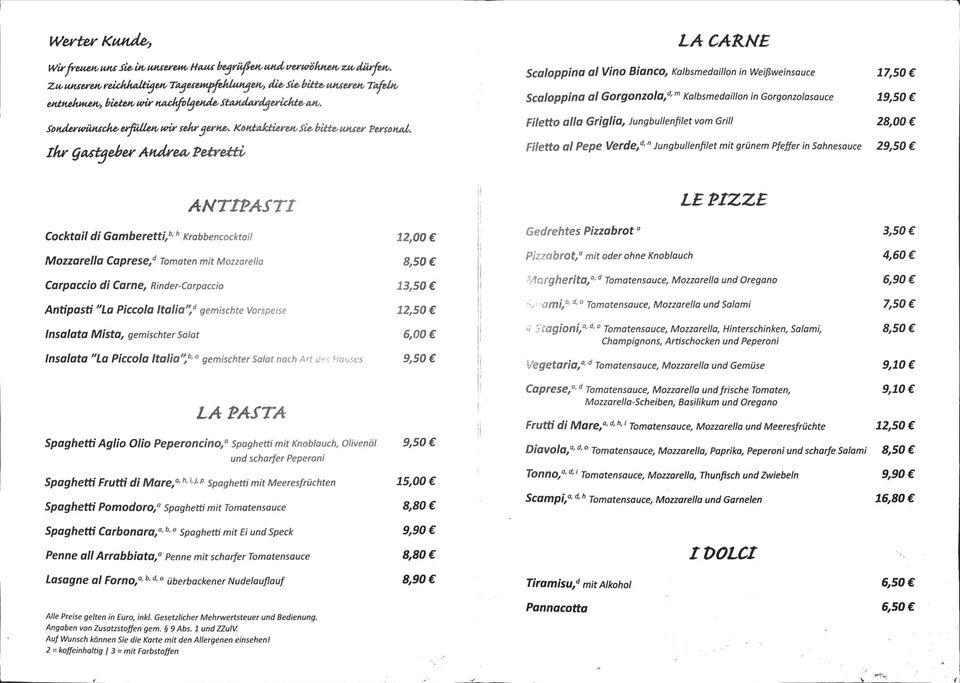 Menu at La Piccola Italia pizzeria, Straubing