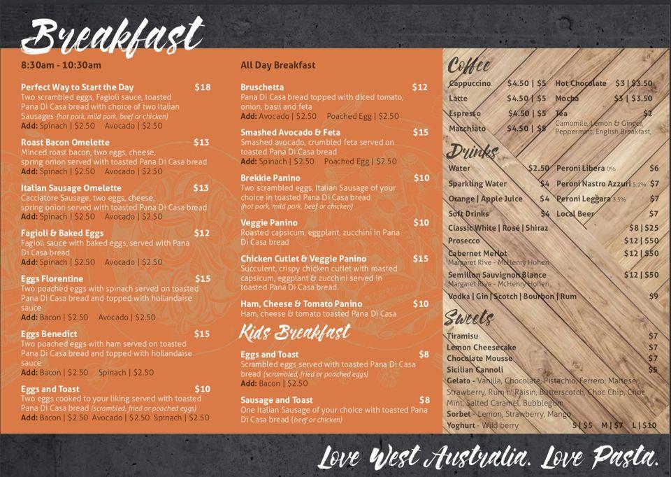 Menu at Pasta in the Valley restaurant, Caversham