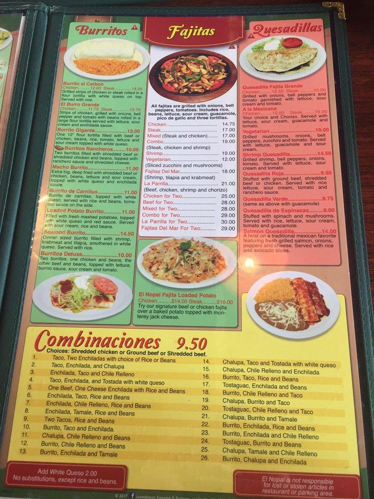 Menu at El Nopal restaurant, Corydon
