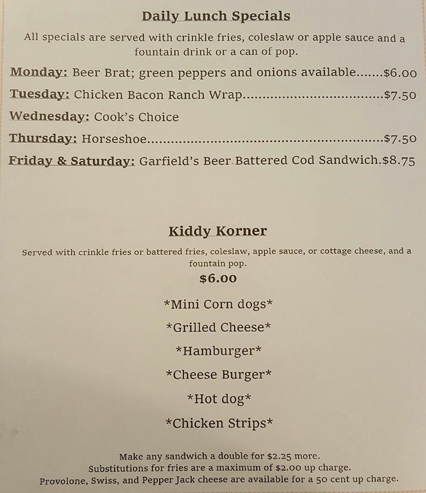 Menu at Garfield's Bar & Grill, Cissna Park