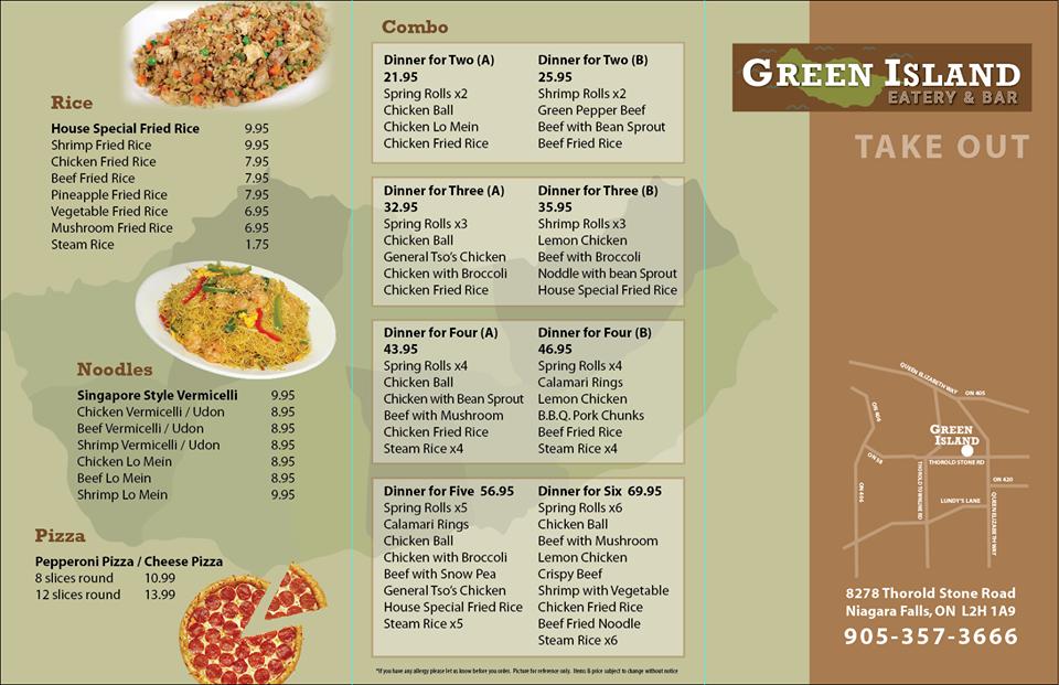 Menu at Green Island Chinese cuisine restaurant, Niagara Falls