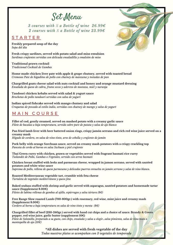 Menu at The Olive Tree Restaurant, Moraira, Cam. del Paellero