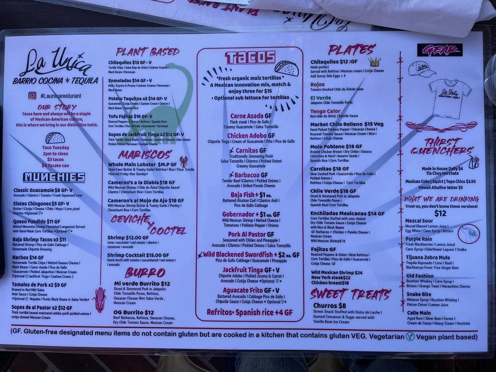 Menu at La Unica Barrio Cocina Y Tequila, Lake Elsinore