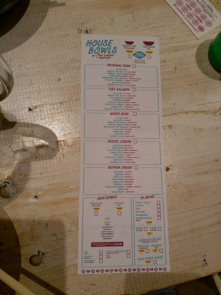 Menu at Poké house restaurant, Lisbon, R. da Misericórdia 71