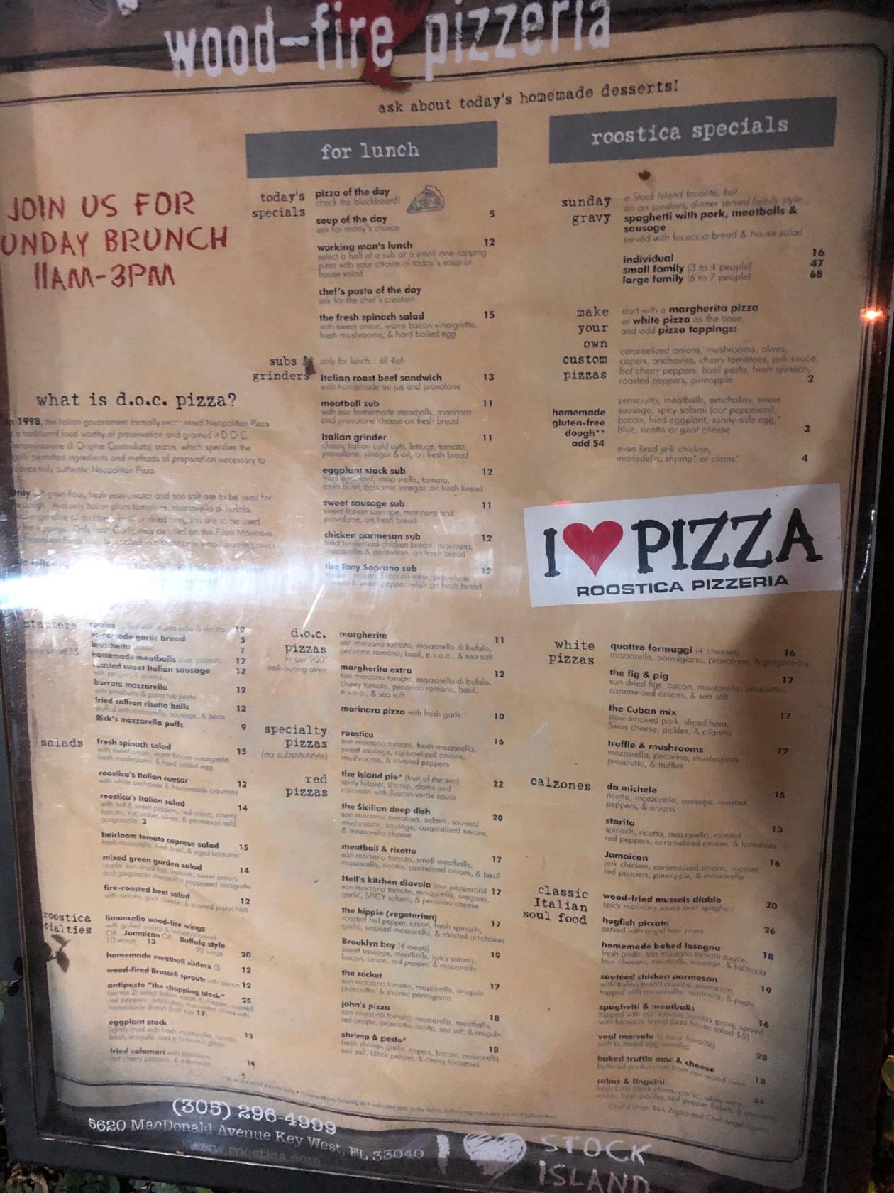 Menu at Roostica pizzeria, Stock Island