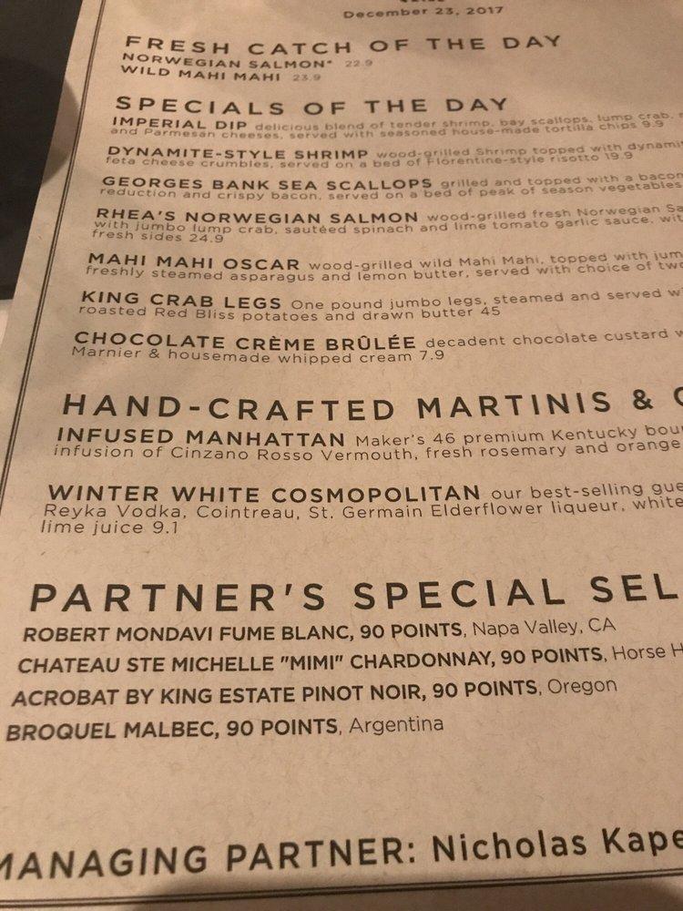 Menu at Bonefish Grill restaurant, Orland Park, South La Grange Road
