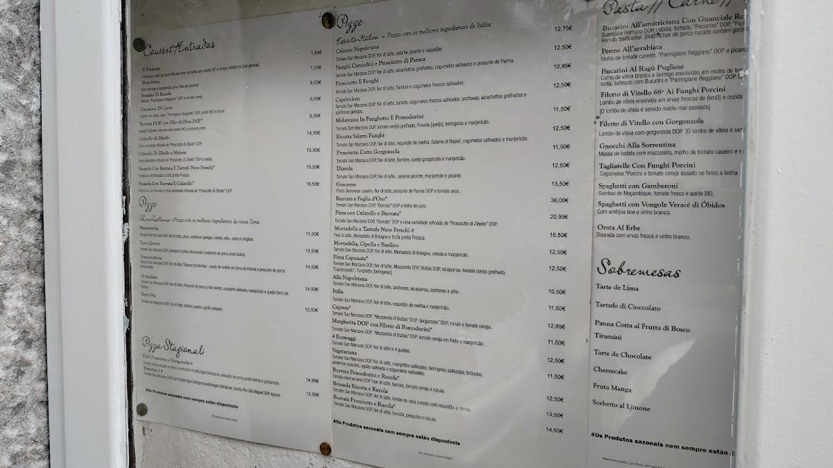 Menu at Forno d'Oro pizzeria, Lisbon