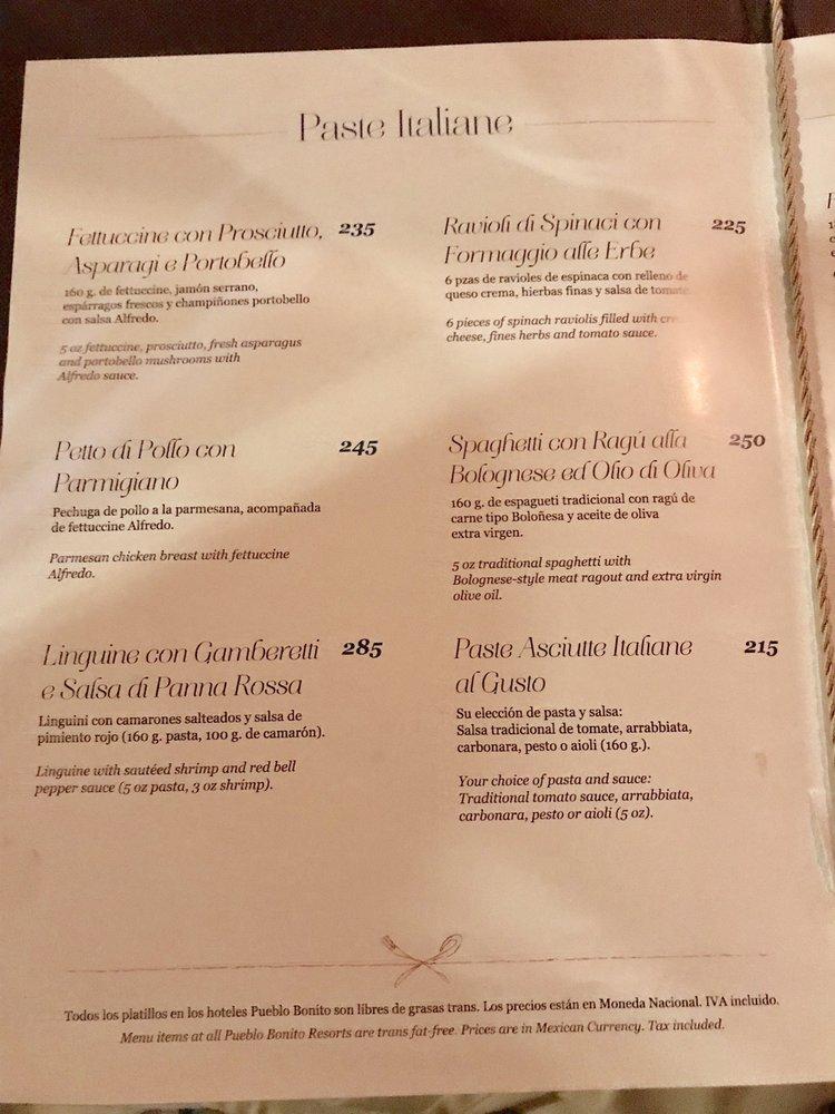 Menu at Angelo's restaurant, Mazatlán
