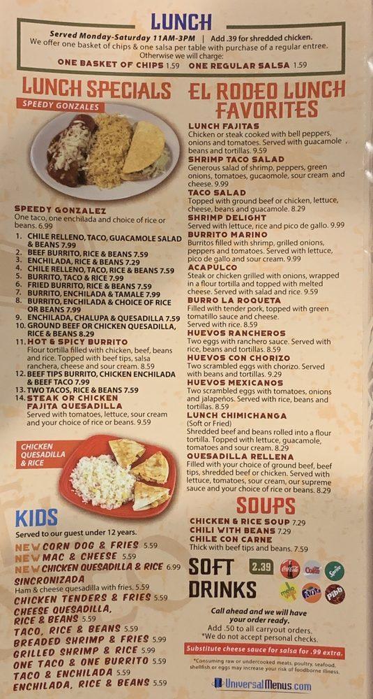Menu at El Rodeo Mexican Restaurant, Zionsville, Whitestown Pkwy
