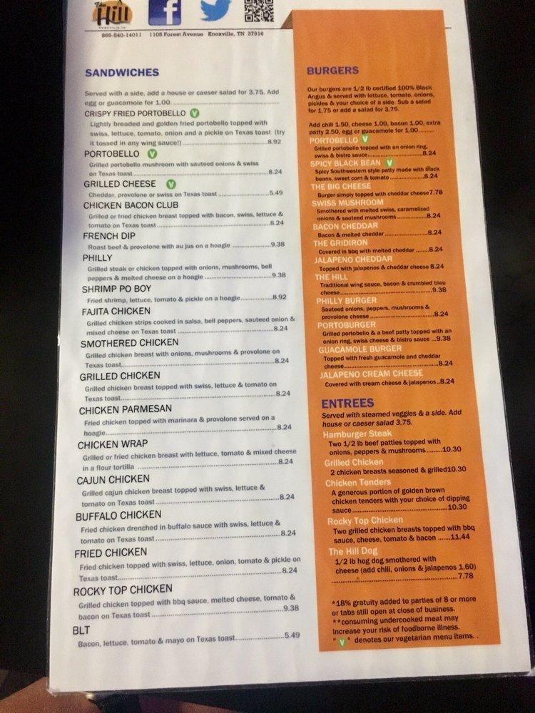 Menu at The Hill Bar and Grill, Knoxville, Forest Ave