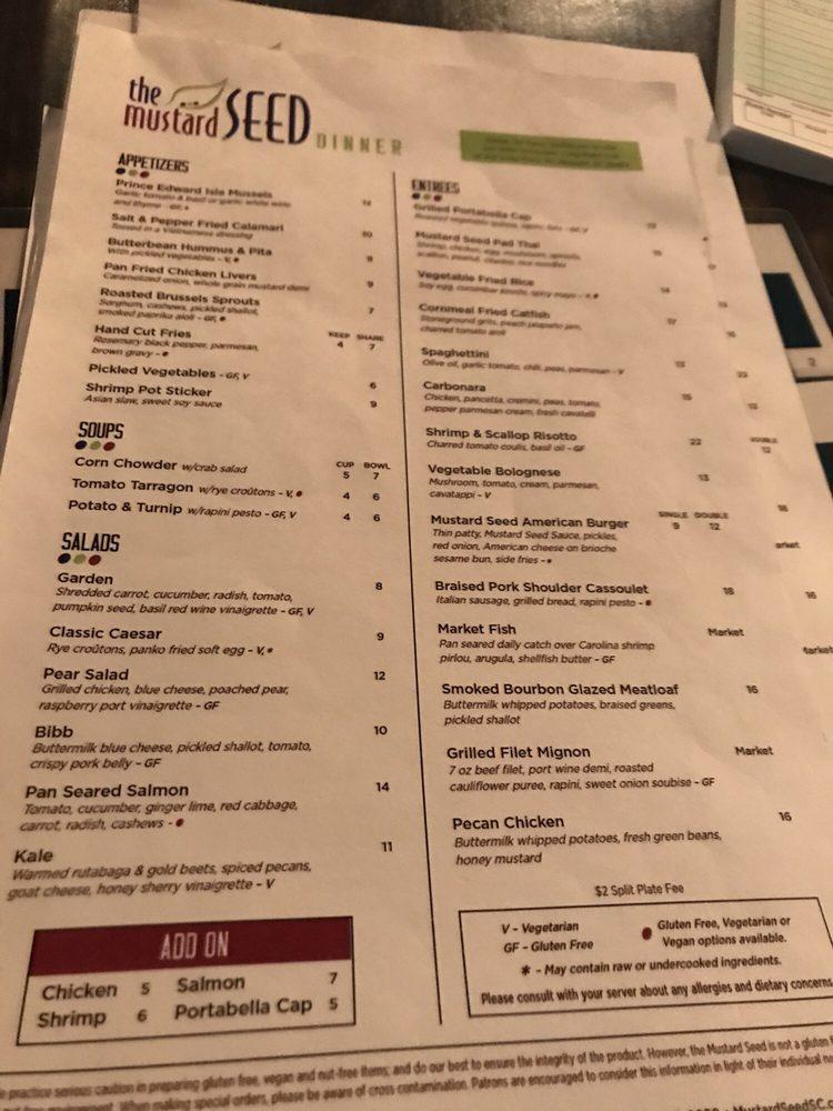 Menu at The Mustard Seed restaurant, Mount Pleasant, Chuck Dawley Blvd