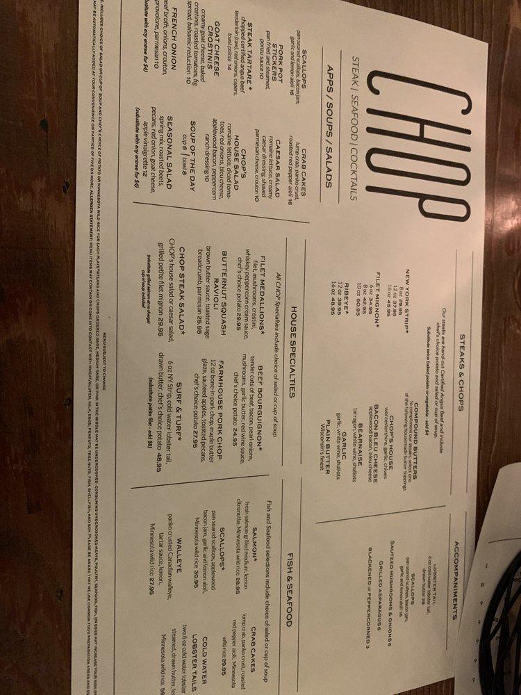 Menu at CHOP steakhouse, Sister Bay