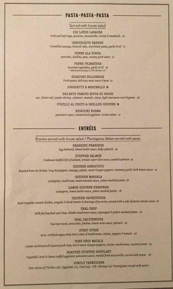 Menu at Del' Arte Restaurant, Orangeburg