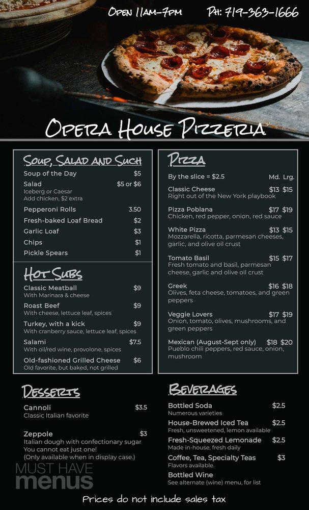 Menu at Opera House Pizzeria, La Junta