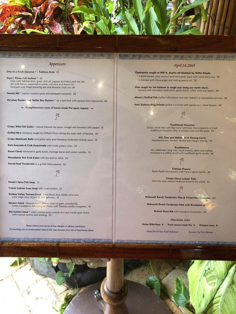 Menu at Mama's Fish House restaurant, Paia